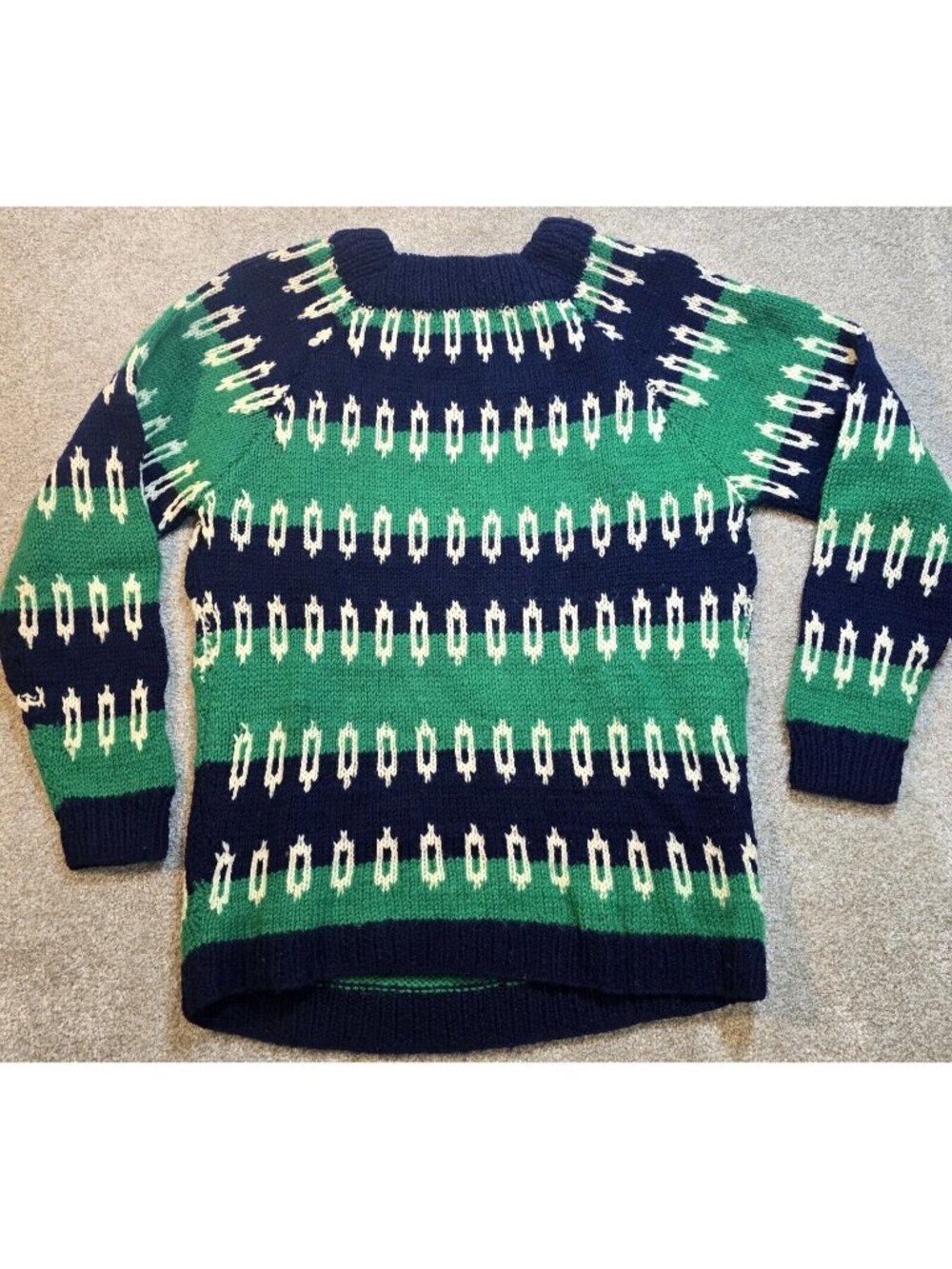 Vintage Hand Knitted Ski Sweater Geometric All Over Print Blue & Green Women's L